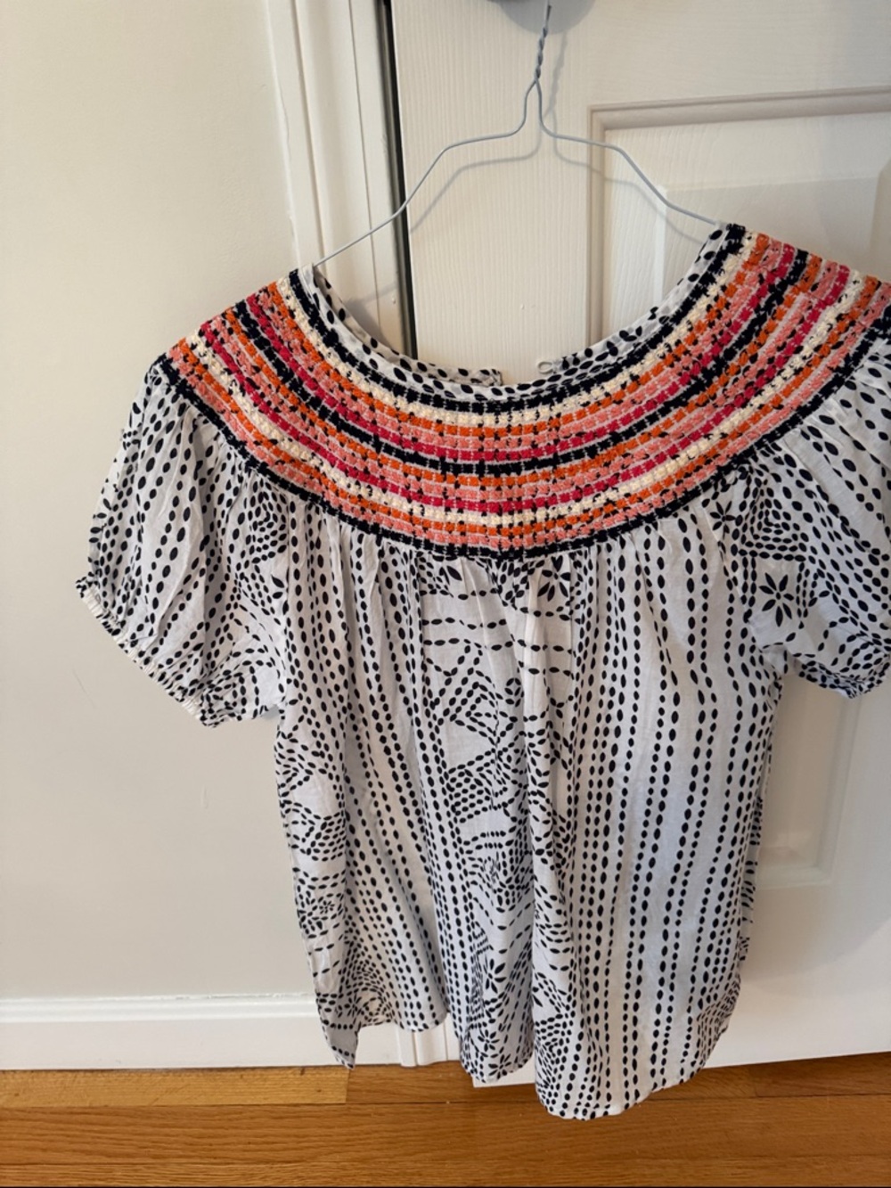 THML Black & White Dot Print Smocked Neck Top with Pink and Orange Accents